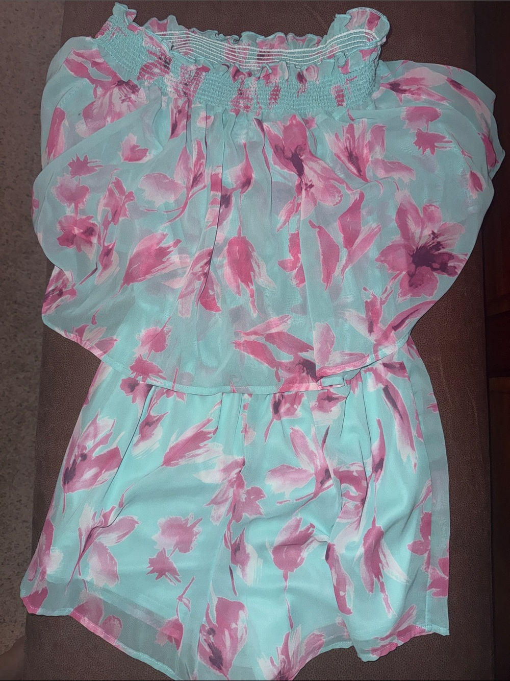 Peach Love California Mint Green Romper with Pink Floral Print